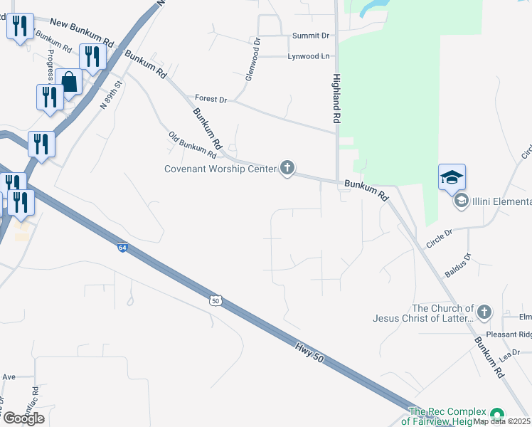 map of restaurants, bars, coffee shops, grocery stores, and more near 47 Broadstone Drive in Fairview Heights