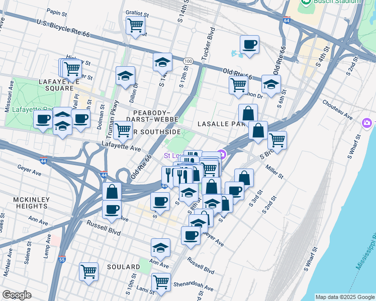 map of restaurants, bars, coffee shops, grocery stores, and more near 1500 Menard Street in St. Louis