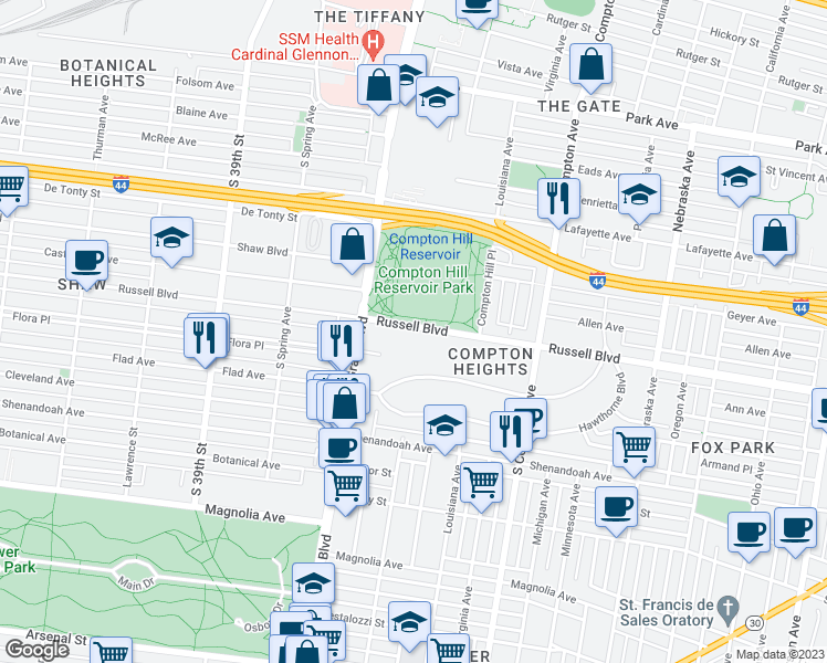 map of restaurants, bars, coffee shops, grocery stores, and more near 3516 Russell Boulevard in St. Louis