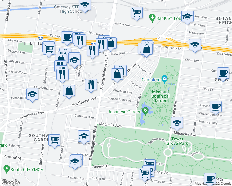 map of restaurants, bars, coffee shops, grocery stores, and more near 4608 Cleveland Avenue in St. Louis