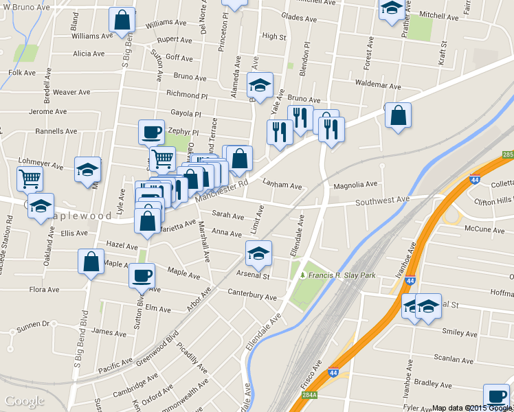 map of restaurants, bars, coffee shops, grocery stores, and more near 7210 Southwest Avenue in Maplewood