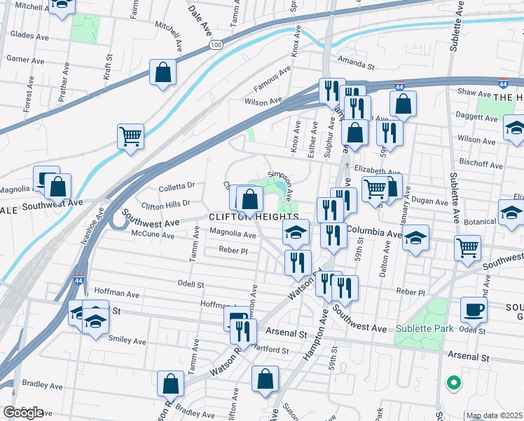 map of restaurants, bars, coffee shops, grocery stores, and more near 6165 Columbia Avenue in St. Louis