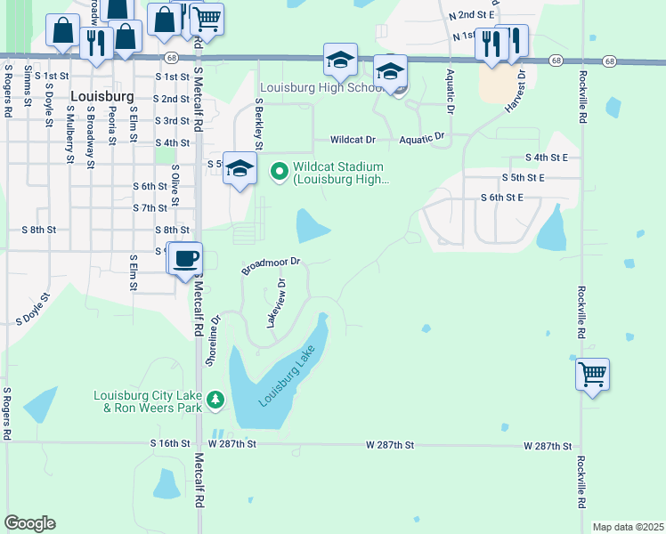 map of restaurants, bars, coffee shops, grocery stores, and more near 601 Broadmoor Cove in Louisburg