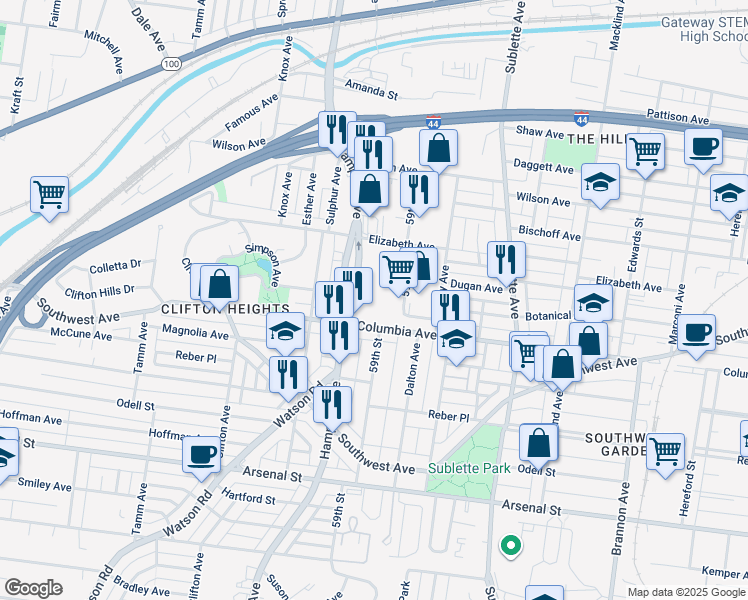 map of restaurants, bars, coffee shops, grocery stores, and more near 2500R Hampton Avenue in St. Louis