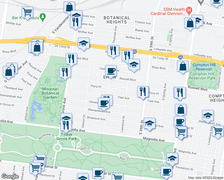 map of restaurants, bars, coffee shops, grocery stores, and more near 4058 Flora Place in St. Louis