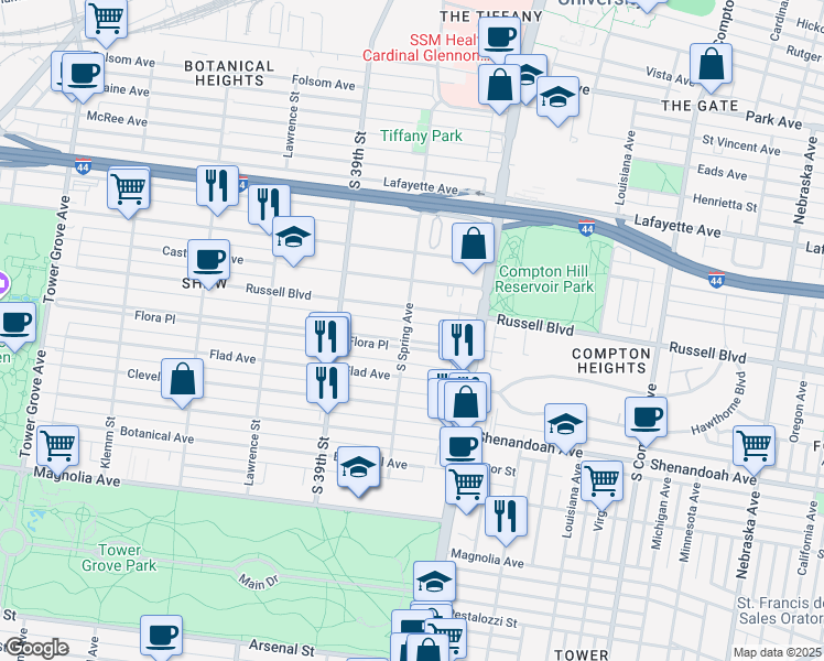 map of restaurants, bars, coffee shops, grocery stores, and more near 3801 Flora Place in St. Louis