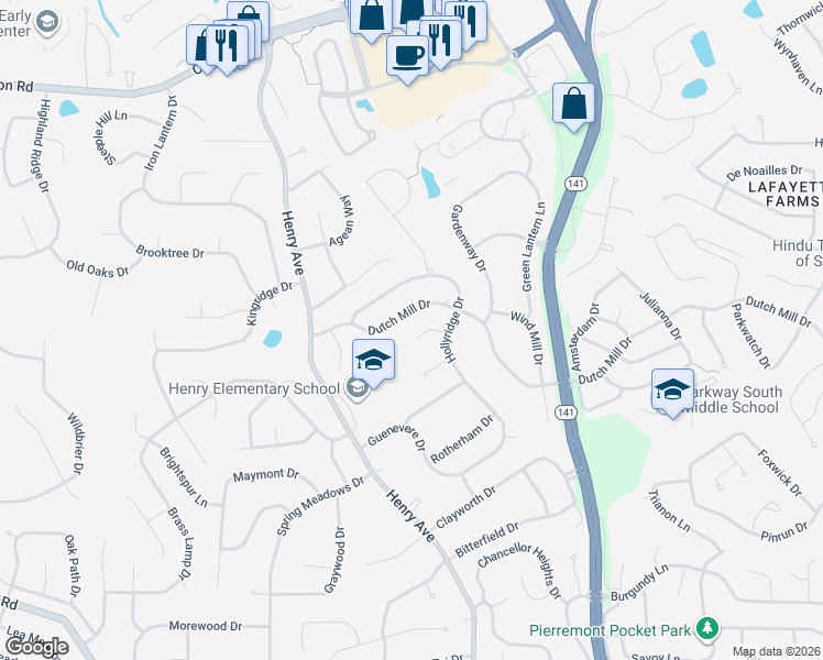 map of restaurants, bars, coffee shops, grocery stores, and more near 5 Mountview Court in Ballwin
