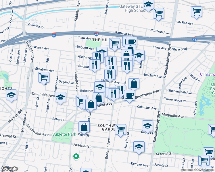 map of restaurants, bars, coffee shops, grocery stores, and more near 2315 Edwards Street in St. Louis
