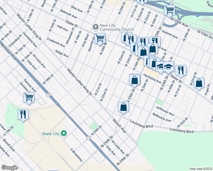 map of restaurants, bars, coffee shops, grocery stores, and more near 461 North 22nd Street in East St. Louis