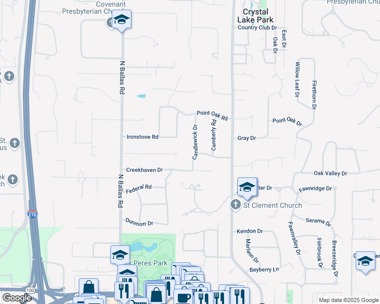 map of restaurants, bars, coffee shops, grocery stores, and more near 1837 Candlewick Drive in Des Peres
