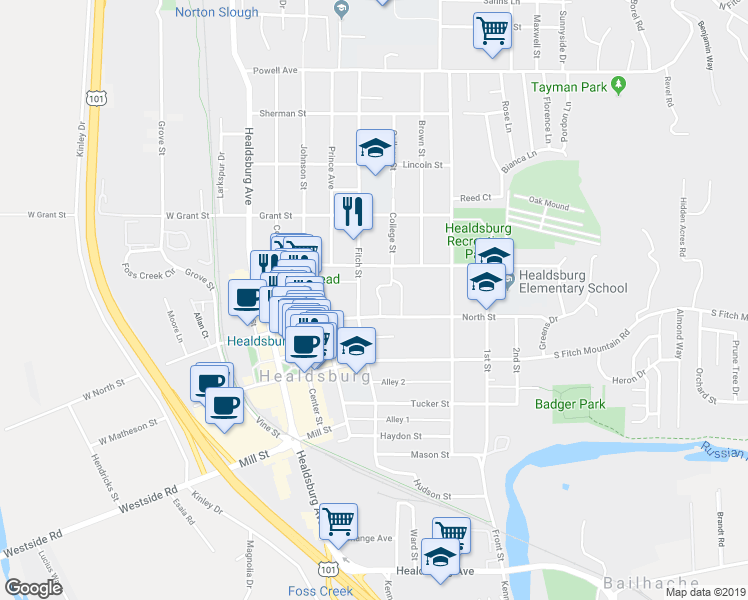 map of restaurants, bars, coffee shops, grocery stores, and more near 350 Piper Street in Healdsburg