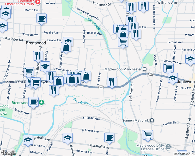 map of restaurants, bars, coffee shops, grocery stores, and more near 2635 Louis Avenue in Brentwood