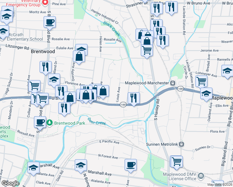 map of restaurants, bars, coffee shops, grocery stores, and more near 2635 Louis Avenue in Brentwood