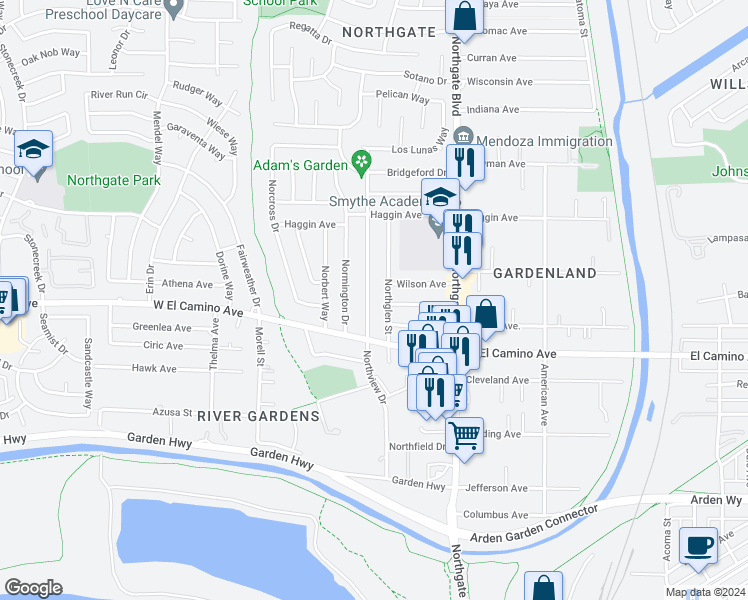 map of restaurants, bars, coffee shops, grocery stores, and more near 2600 Northview Drive in Sacramento