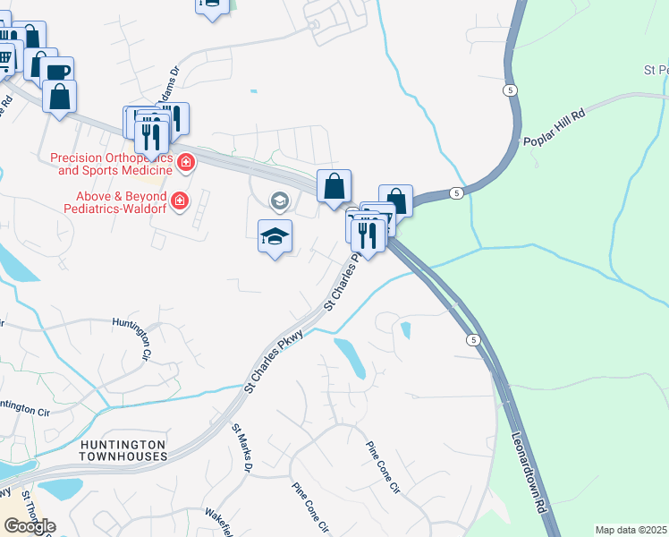 map of restaurants, bars, coffee shops, grocery stores, and more near 3874 Northgate Place in Waldorf