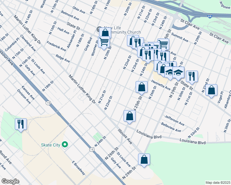 map of restaurants, bars, coffee shops, grocery stores, and more near 461 North 22nd Street in East St. Louis