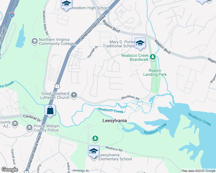 map of restaurants, bars, coffee shops, grocery stores, and more near 15630 William Bayliss Court in Woodbridge