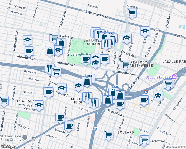 map of restaurants, bars, coffee shops, grocery stores, and more near 2002 Lafayette Avenue in St. Louis