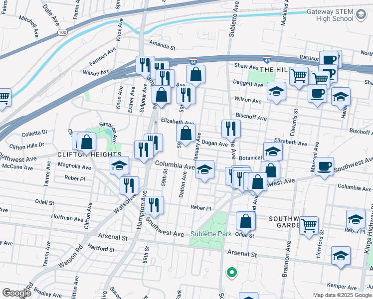 map of restaurants, bars, coffee shops, grocery stores, and more near 2360 59th Street in St. Louis