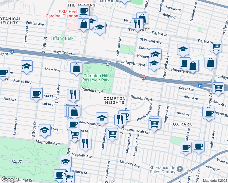 map of restaurants, bars, coffee shops, grocery stores, and more near 3323 Russell Boulevard in St. Louis