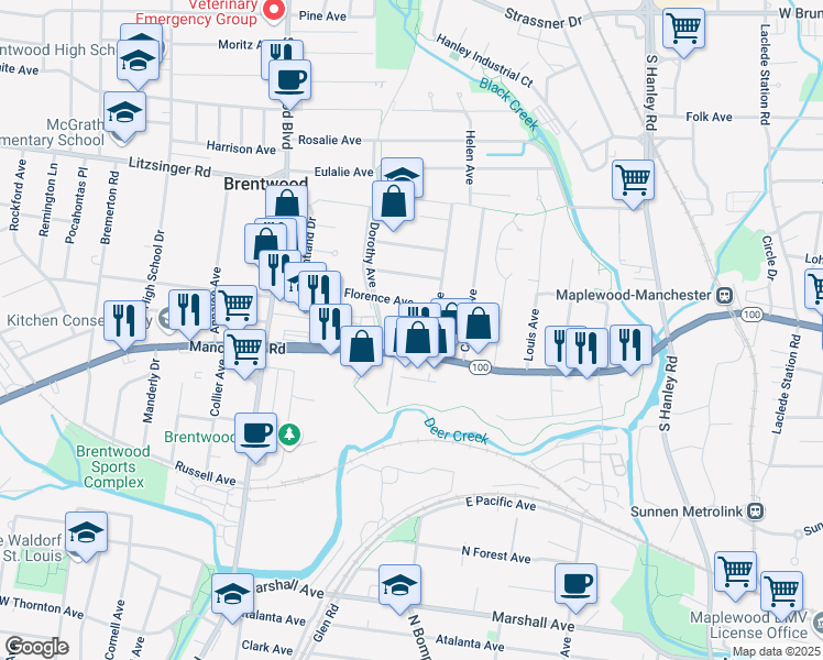 map of restaurants, bars, coffee shops, grocery stores, and more near 2646 Ruth Avenue in Brentwood