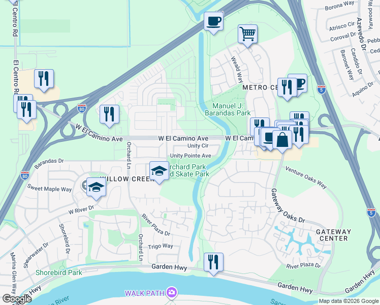map of restaurants, bars, coffee shops, grocery stores, and more near 2821 Unity Pointe Avenue in Sacramento