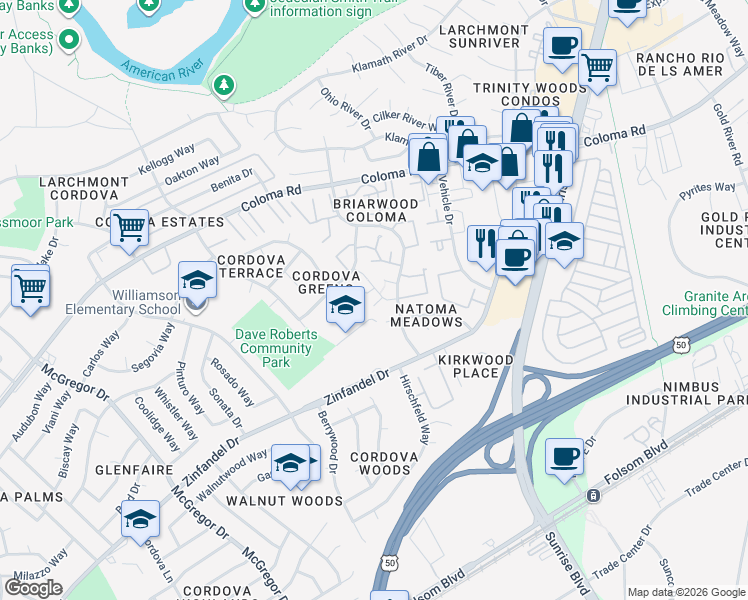 map of restaurants, bars, coffee shops, grocery stores, and more near 11024 Autumnwind Lane in Rancho Cordova
