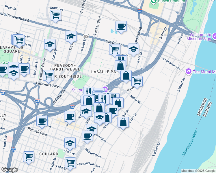 map of restaurants, bars, coffee shops, grocery stores, and more near 824 Park Avenue in St. Louis
