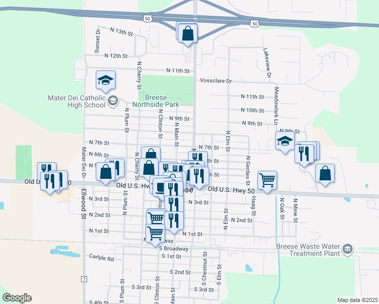 map of restaurants, bars, coffee shops, grocery stores, and more near 675 North Walnut Street in Breese