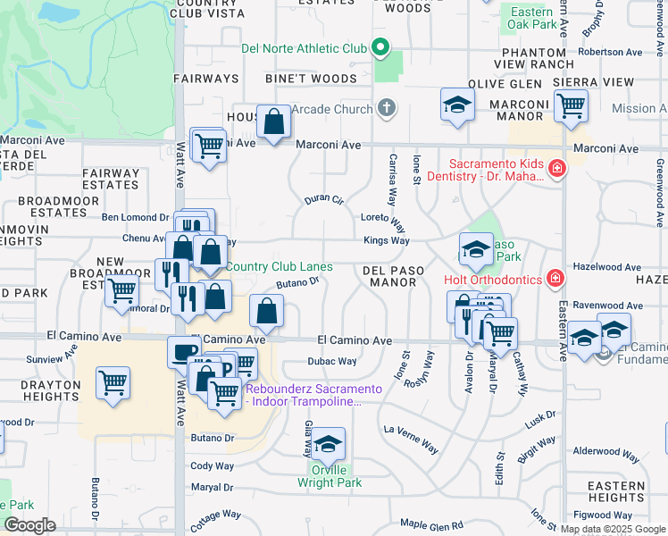 map of restaurants, bars, coffee shops, grocery stores, and more near 3808 Lasuen Drive in Sacramento