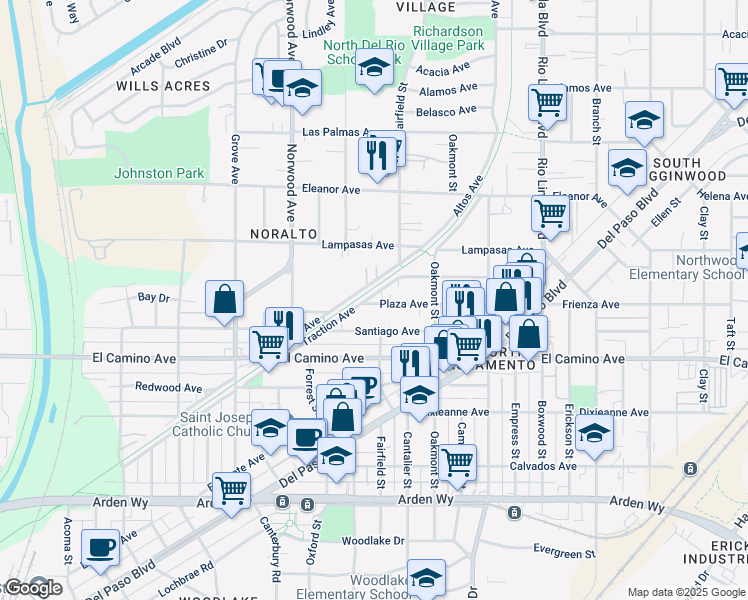 map of restaurants, bars, coffee shops, grocery stores, and more near 615 Plaza Avenue in Sacramento