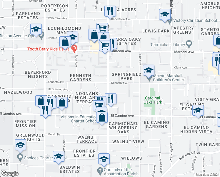 map of restaurants, bars, coffee shops, grocery stores, and more near 2624 Walnut Avenue in Carmichael