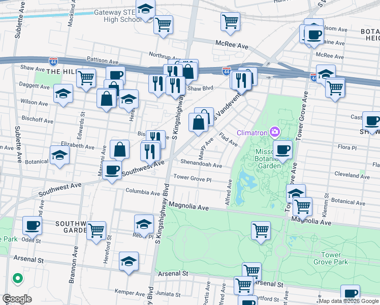 map of restaurants, bars, coffee shops, grocery stores, and more near 4608 Cleveland Avenue in St. Louis