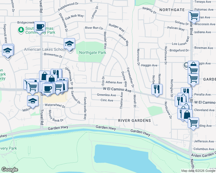 map of restaurants, bars, coffee shops, grocery stores, and more near 1155 West El Camino Avenue in Sacramento