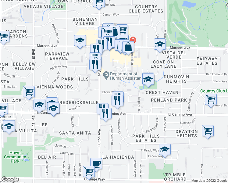 map of restaurants, bars, coffee shops, grocery stores, and more near 2799 Castle Hill Court in Sacramento