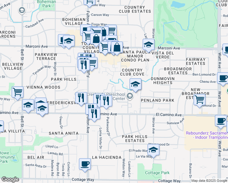 map of restaurants, bars, coffee shops, grocery stores, and more near 2740 Elvyra Way in Sacramento