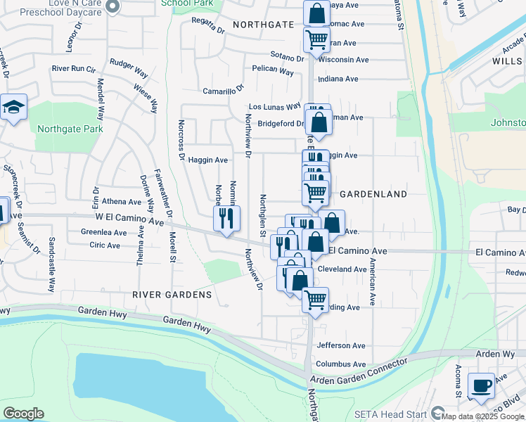map of restaurants, bars, coffee shops, grocery stores, and more near 2600 Northview Drive in Sacramento