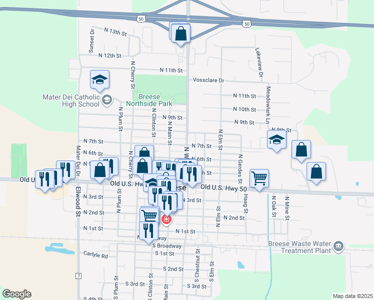map of restaurants, bars, coffee shops, grocery stores, and more near 675 North Walnut Street in Breese