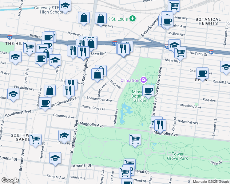 map of restaurants, bars, coffee shops, grocery stores, and more near 2123 Alfred Avenue in St. Louis