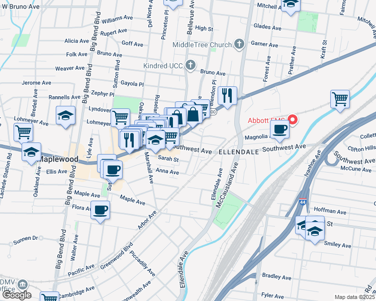 map of restaurants, bars, coffee shops, grocery stores, and more near 7210 Southwest Avenue in Maplewood