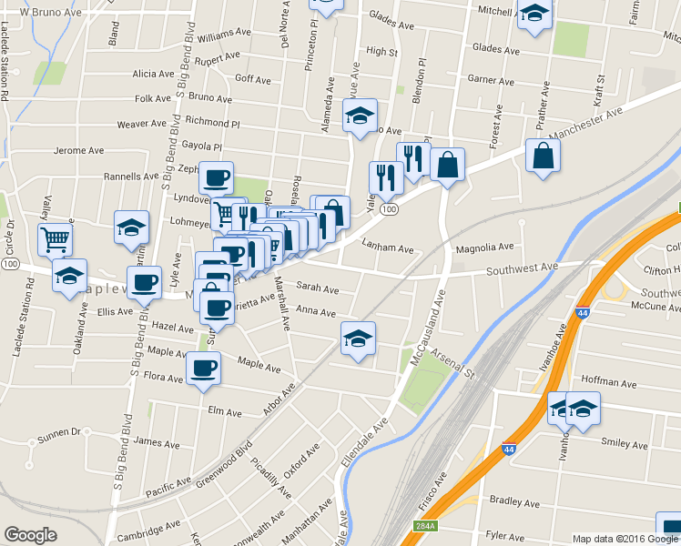 map of restaurants, bars, coffee shops, grocery stores, and more near 7210 Southwest Avenue in Maplewood