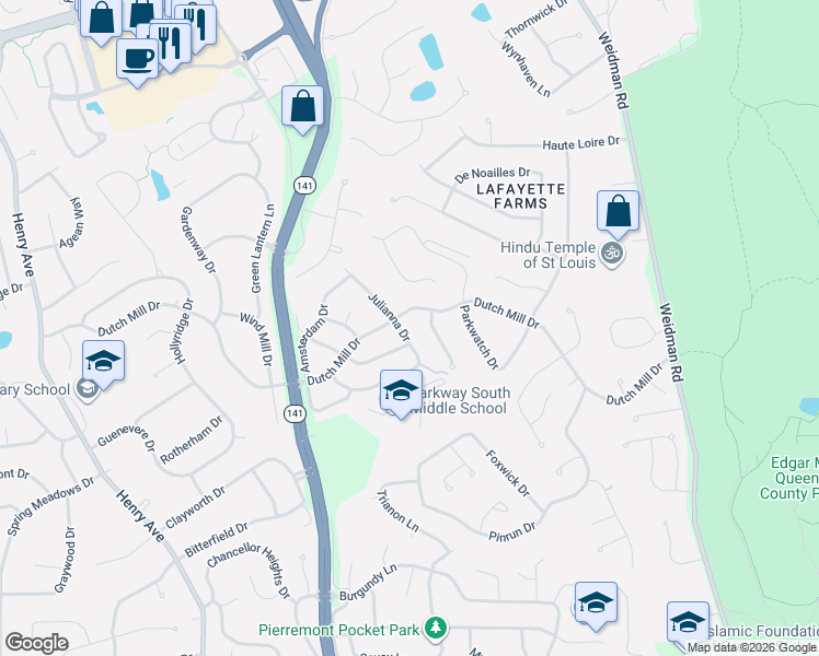 map of restaurants, bars, coffee shops, grocery stores, and more near 906 Julianna Drive in Ballwin
