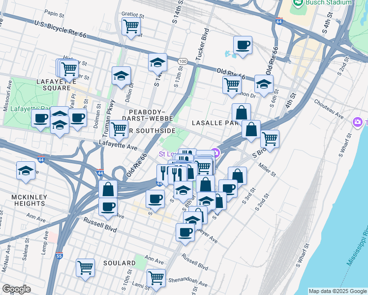 map of restaurants, bars, coffee shops, grocery stores, and more near 1500 Menard Street in St. Louis