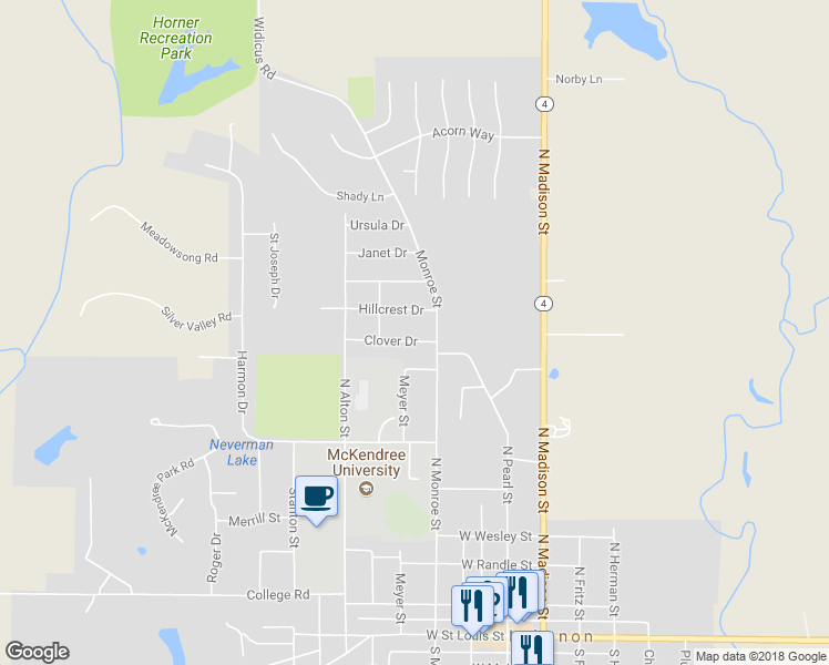 map of restaurants, bars, coffee shops, grocery stores, and more near 421 Clover Drive in Lebanon