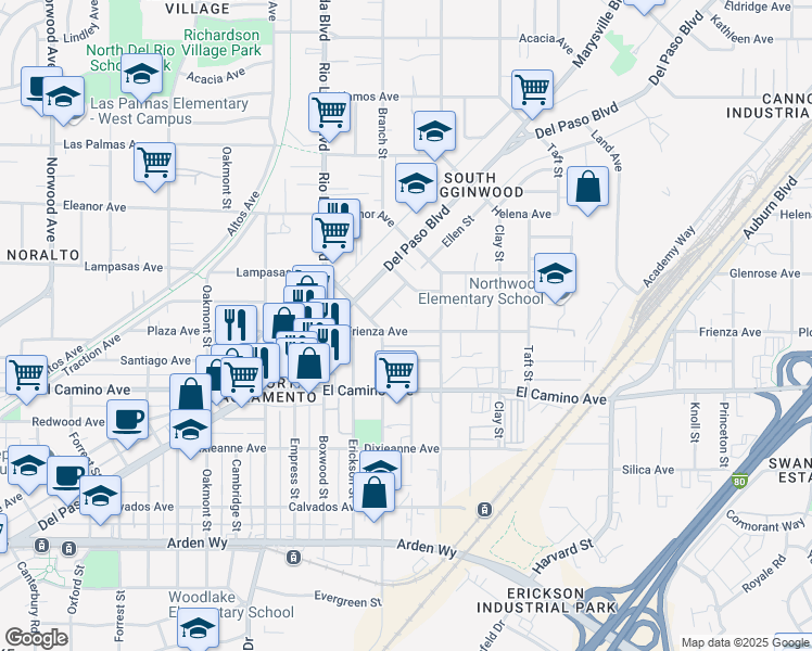 map of restaurants, bars, coffee shops, grocery stores, and more near 1017 Frienza Avenue in Sacramento