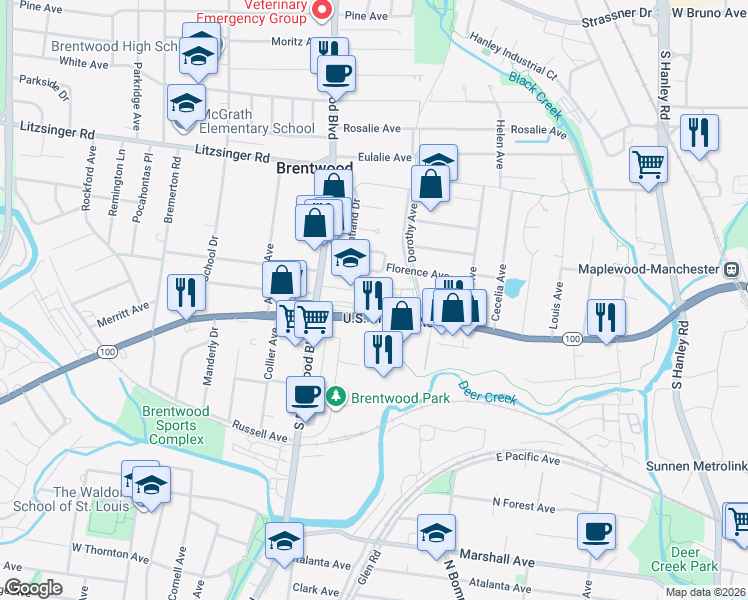 map of restaurants, bars, coffee shops, grocery stores, and more near 8720 Magdalen Avenue in Brentwood