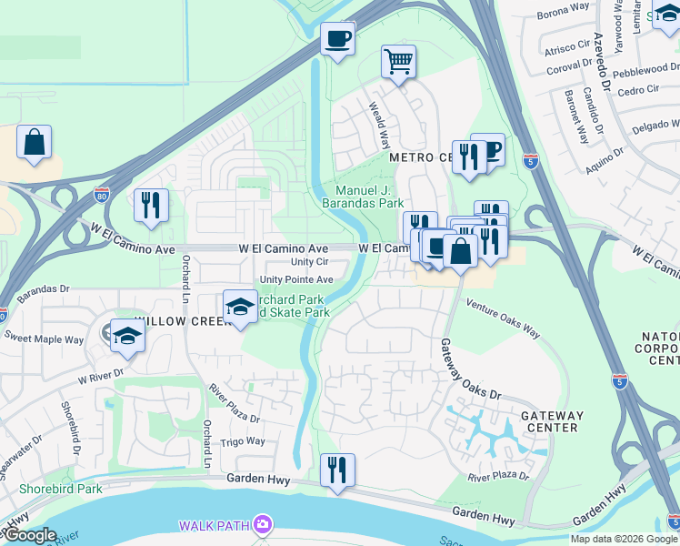 map of restaurants, bars, coffee shops, grocery stores, and more near 380 Unity Circle in Sacramento
