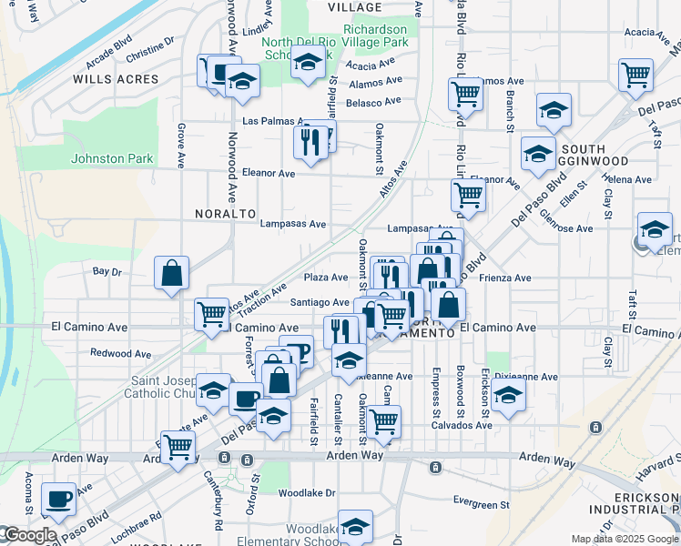 map of restaurants, bars, coffee shops, grocery stores, and more near 669 Plaza Avenue in Sacramento