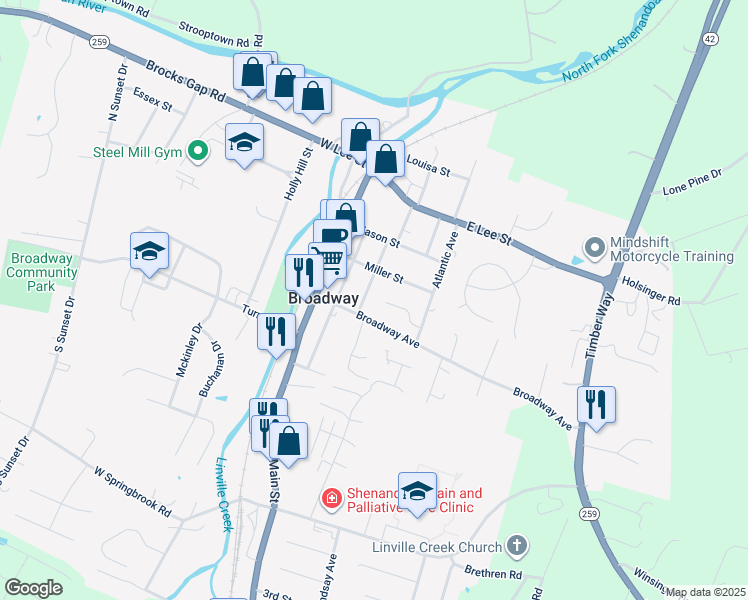 map of restaurants, bars, coffee shops, grocery stores, and more near 121 Church Street in Broadway
