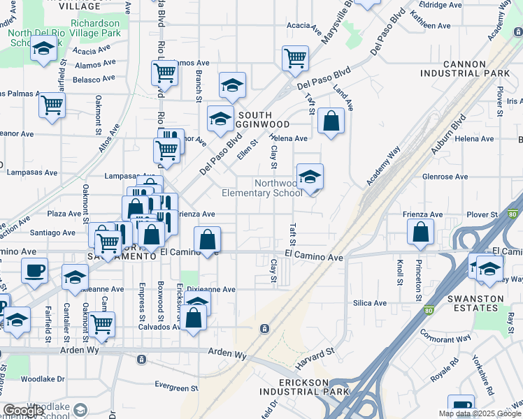 map of restaurants, bars, coffee shops, grocery stores, and more near 1131 Frienza Avenue in Sacramento